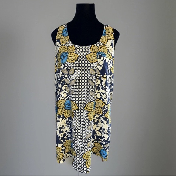 Bar 111 Mini Dress Tunic Sz M Boho Floral Blue Gold Vacation Party Boho Resort - Picture 1 of 5